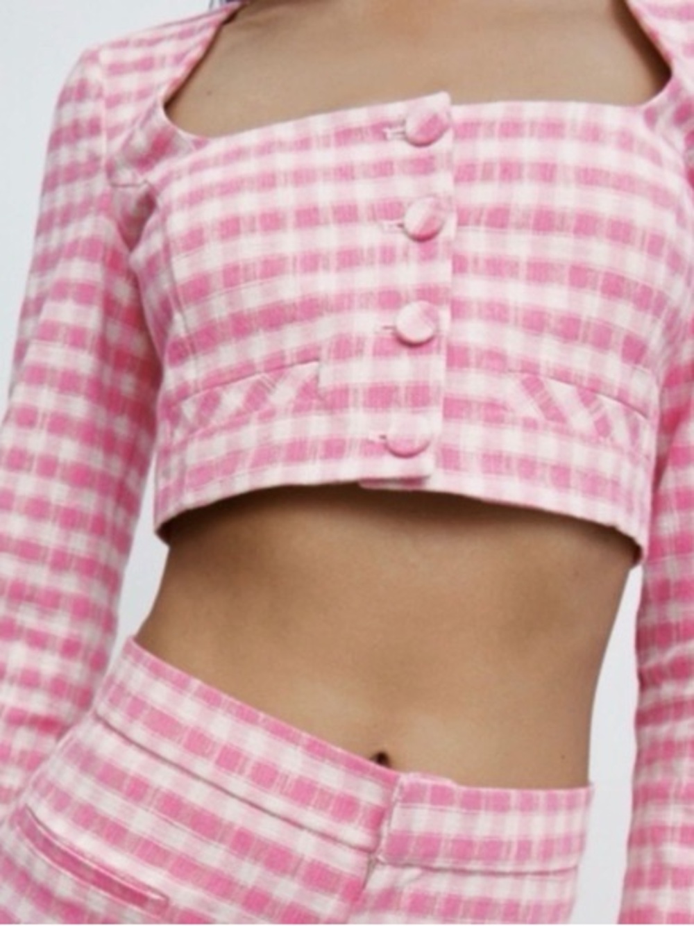Zara Pink Gingham Cropped Button-Front Top